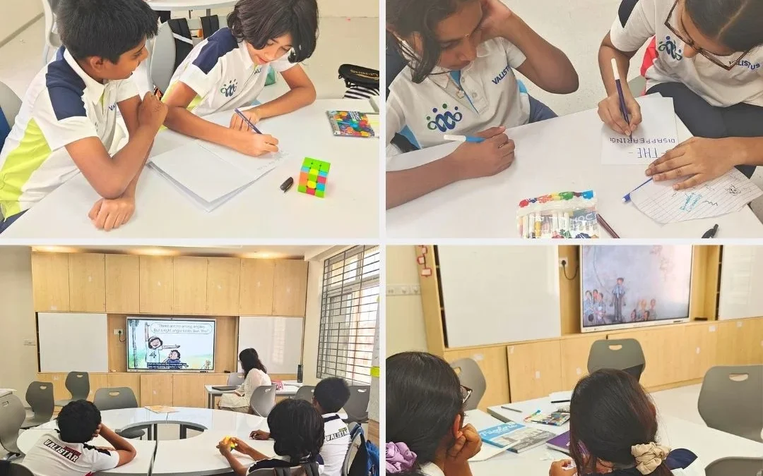 Students exploring stories and creative solutions during a problem-solving activity at Valistus International School