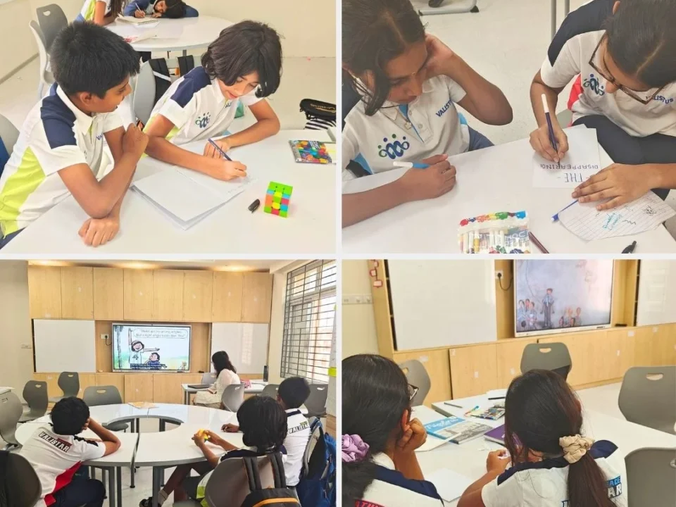 Students exploring stories and creative solutions during a problem-solving activity at Valistus International School